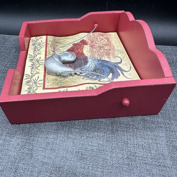 Vintage Wooden Red Napkin Holder w/ Metal Rooster Chicken Country Kitchen Rustic - Picture 8 of 12